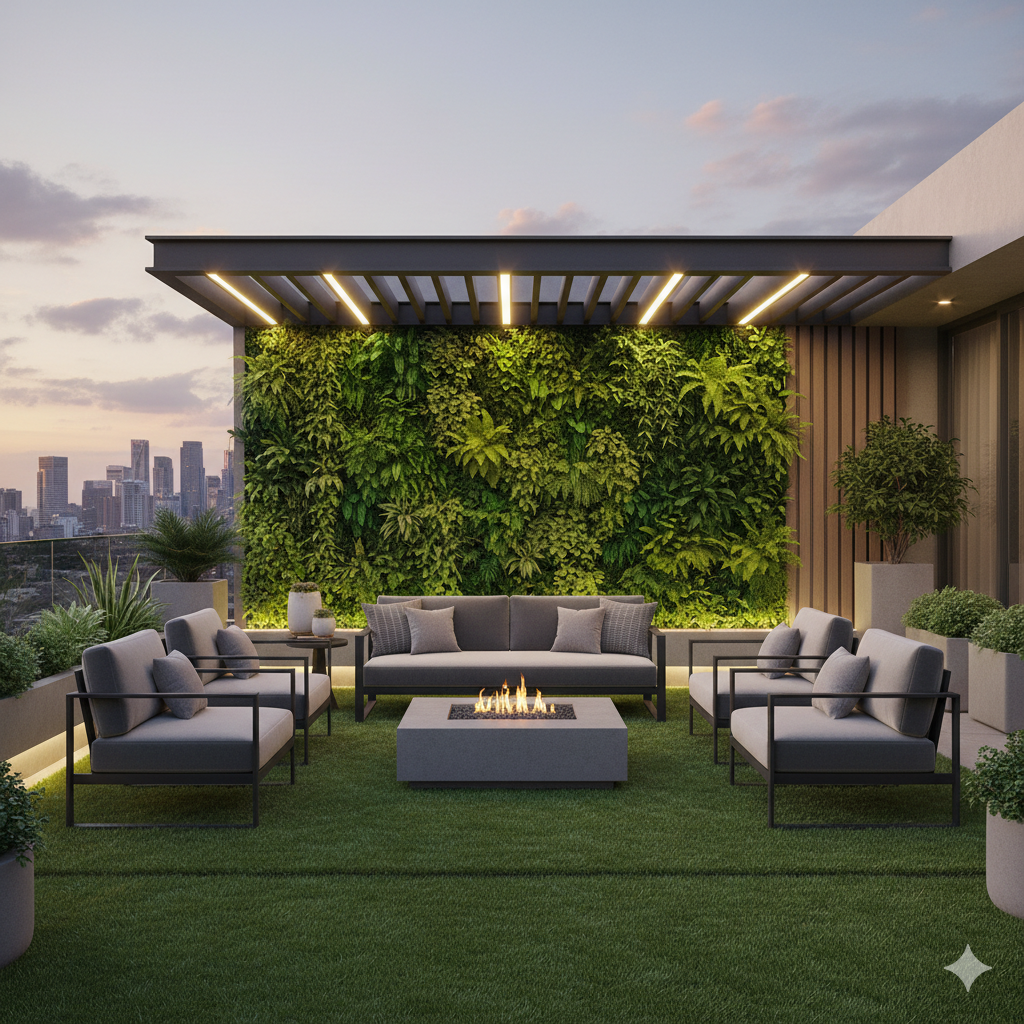 Proyecto de diseño de exteriores premium con pérgola de madera, muros verdes y pasto artificial