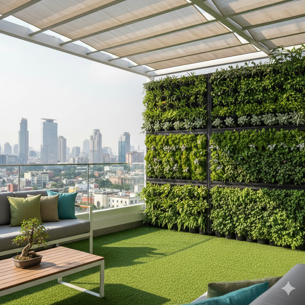 Terraza de lujo diseñada por MyOasis con muros verdes naturales, pérgola blanca y pasto artificial