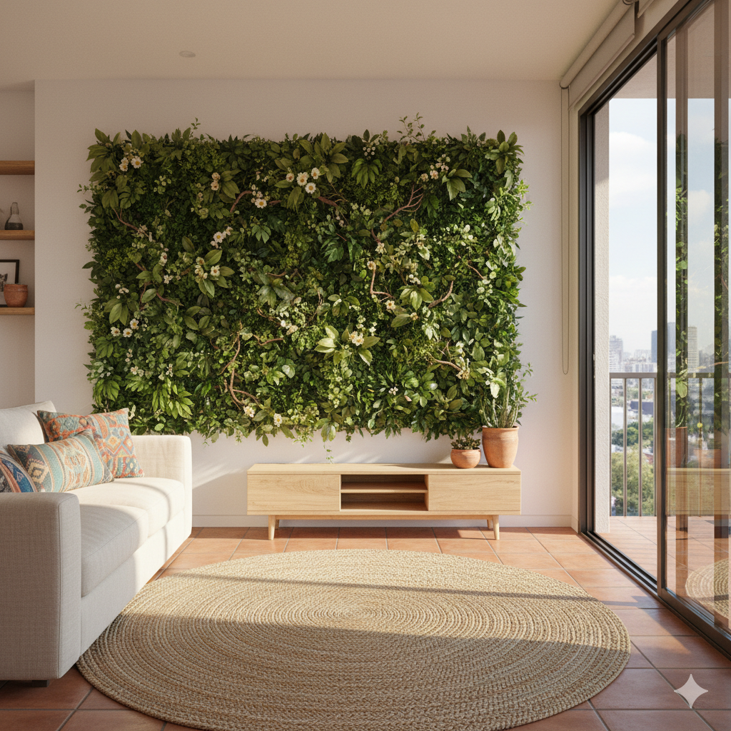 Muro verde interior exuberante instalado en una estancia moderna bajo un tragaluz