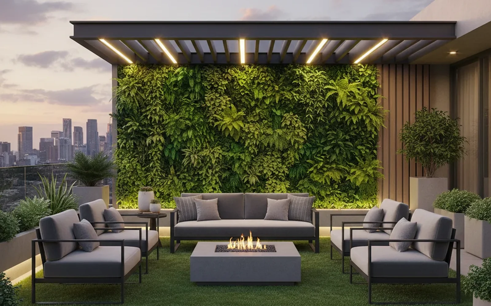 Proyecto de diseño de exteriores premium con pérgola de madera, muros verdes y pasto artificial