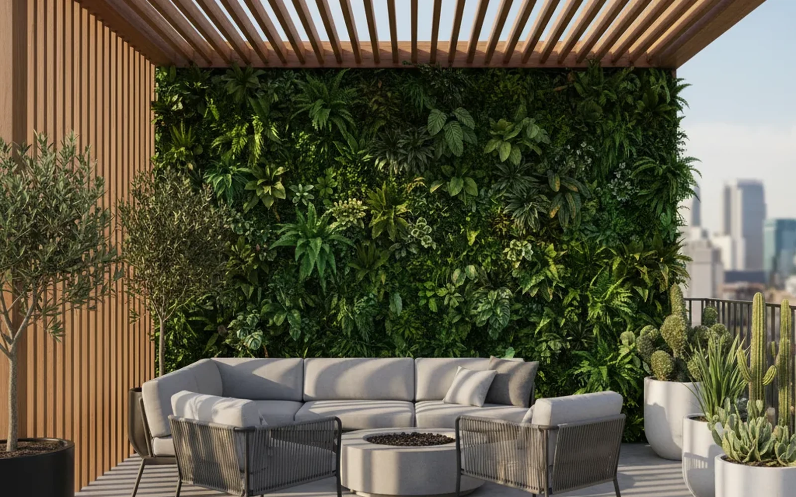 Terraza moderna con muro verde artificial y pérgola de madera de MyOasis