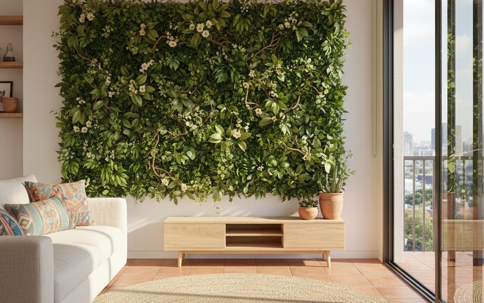 Muro verde interior exuberante instalado en una estancia moderna bajo un tragaluz