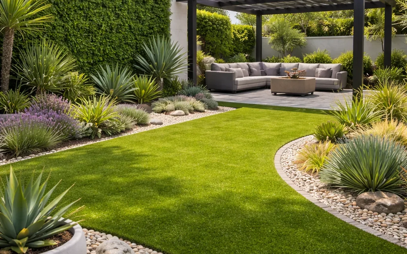 Terraza moderna diseñada con principios de xeriscaping, incluyendo pasto artificial y muros verdes