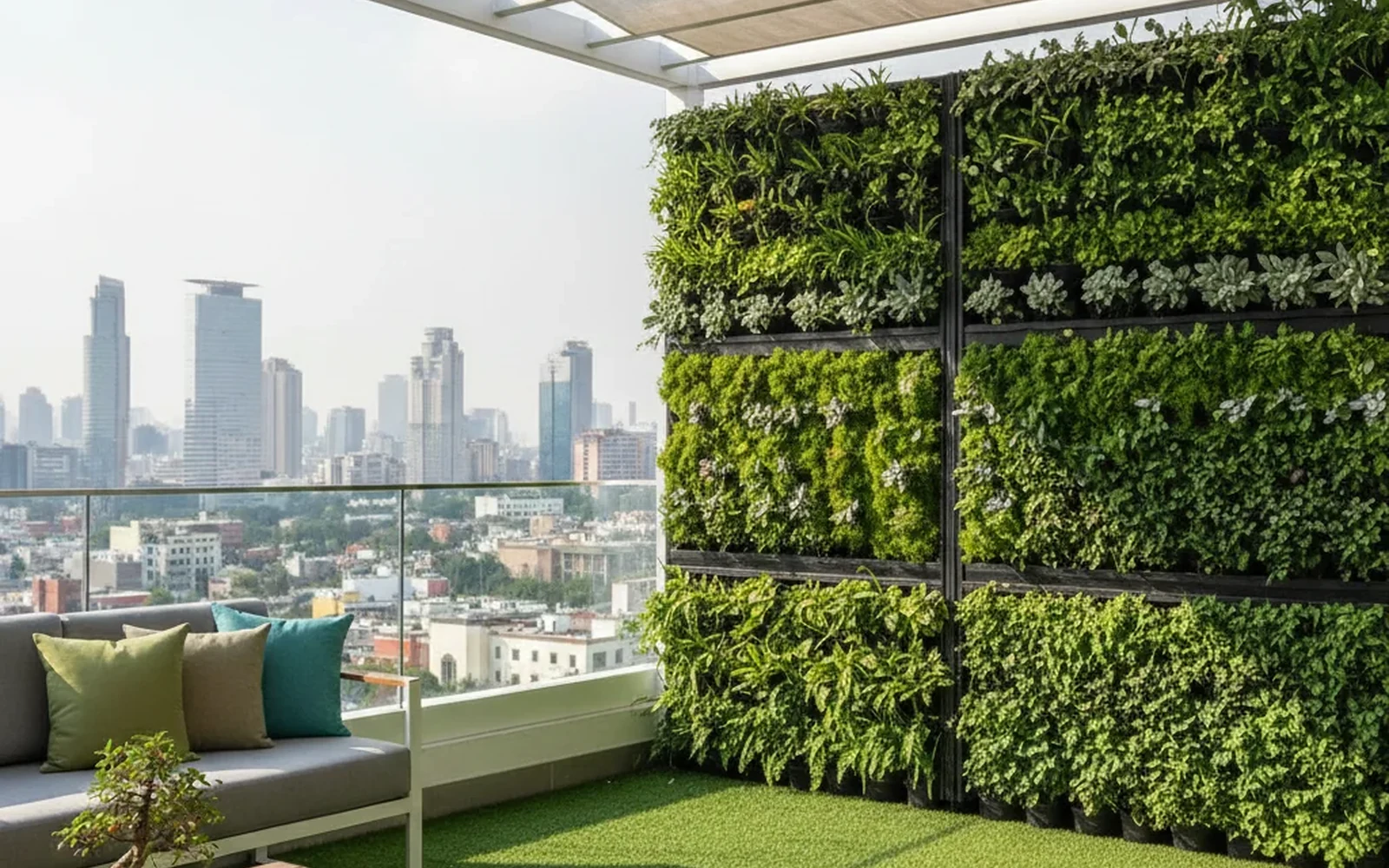 Terraza de lujo diseñada por MyOasis con muros verdes naturales, pérgola blanca y pasto artificial